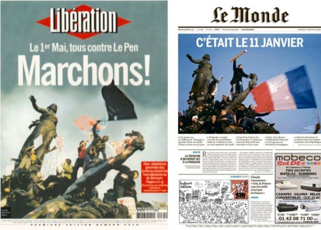 Libération, 30 avril 2002 (photo Guillaume Herbaut). Le Monde, 13 janvier 2015 (photo Stéphane Mahé). Libération, 30 avril 2002 (photo Guillaume Herbaut). Le Monde, 13 janvier 2015 (photo Stéphane Mahé).